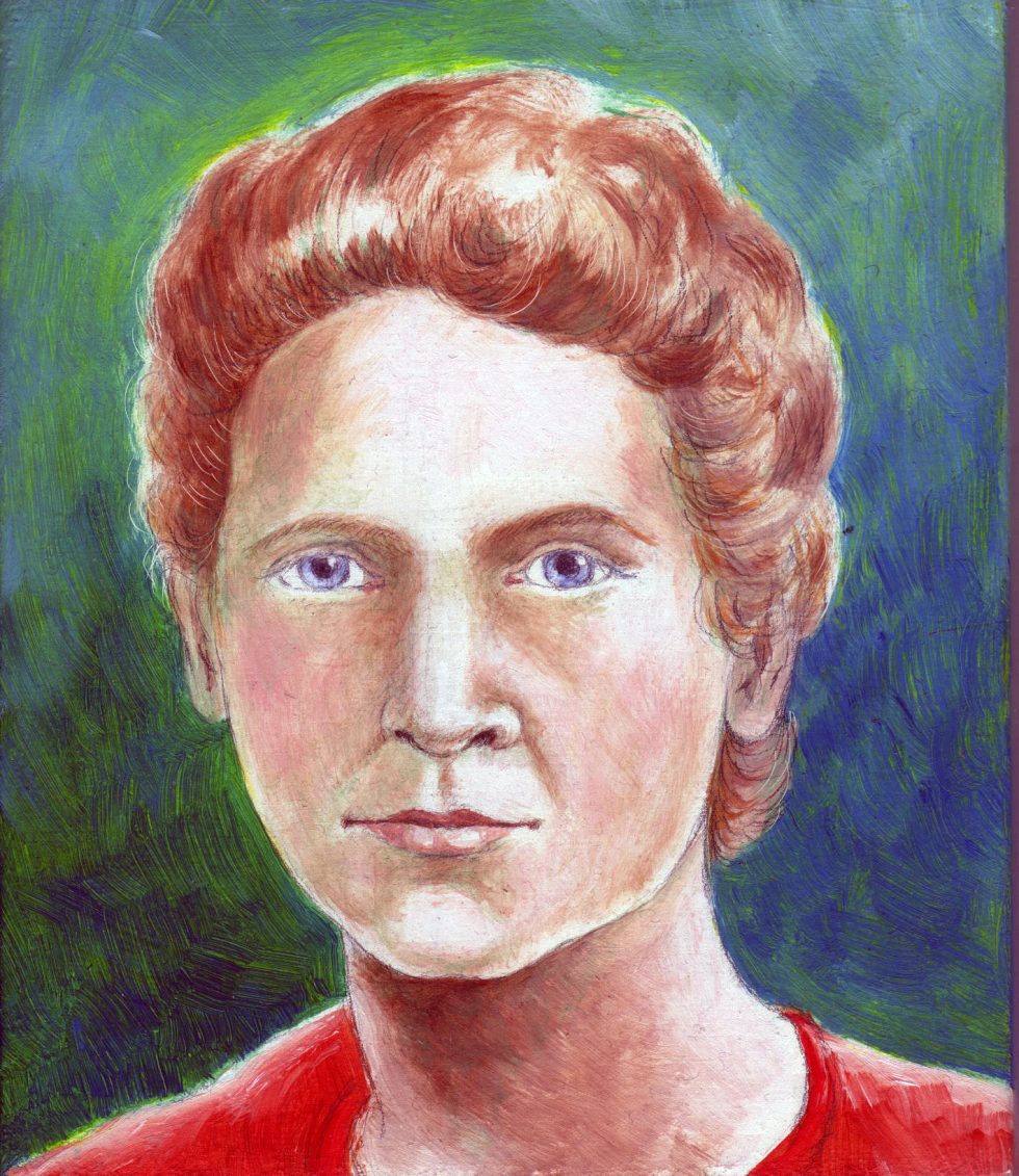 A painted portrait of a person with curly reddish hair, light skin, and blue eyes, wearing a red shirt, set against a green and blue textured background.