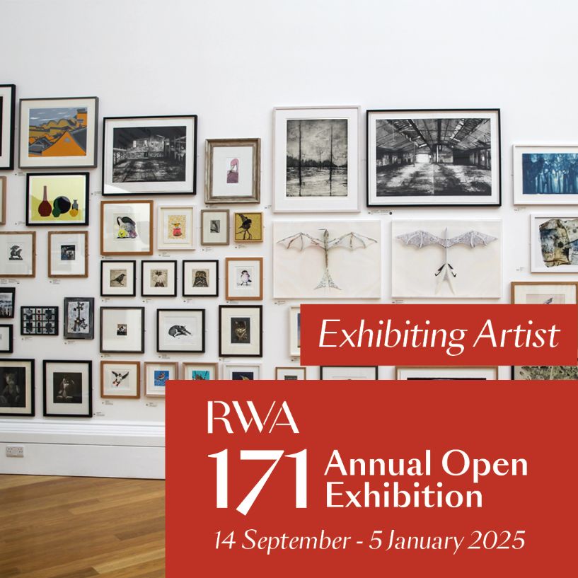 A gallery wall displays various framed artworks. A red banner reads: "Exhibiting Artist, RWA 171 Annual Open Exhibition, 14 September - 5 January 2025.