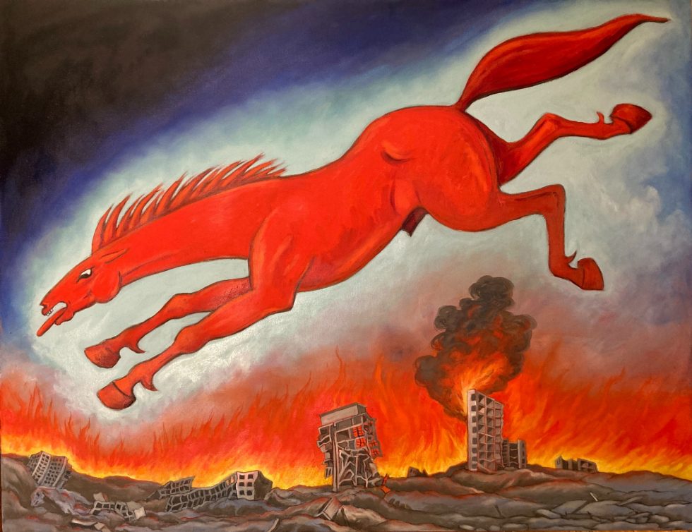 A large, red horse leaps through a smoky sky over a burning, destroyed city with collapsing buildings and fire.