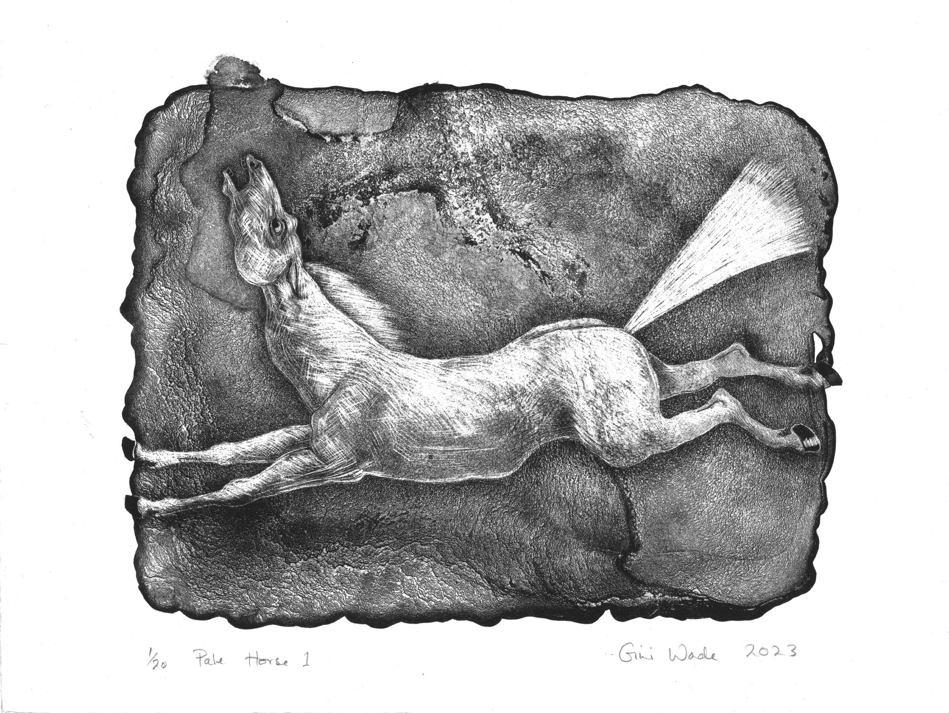 Black and white drawing of a horse in motion with textured shading, set against a rough, irregular background; artwork is signed and dated 2023 at the bottom.