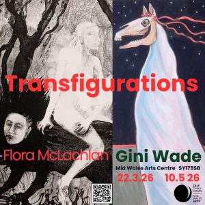 Split image with black-and-white etching of surreal human figures on left and colourful painting of a horse with a human face on right; exhibition text overlays both images.