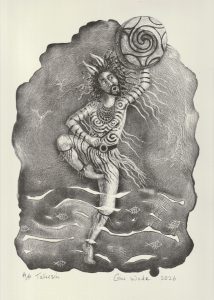 A figure with animal ears dances on one leg, holding a spiral disc overhead, surrounded by fish and wavy lines; black and white drawing signed "Gini Wade 2026.