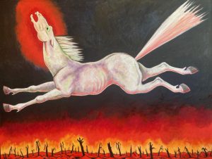 A white horse with a glowing mane leaps across a dark sky above a fiery landscape with burning trees and red-orange flames.
